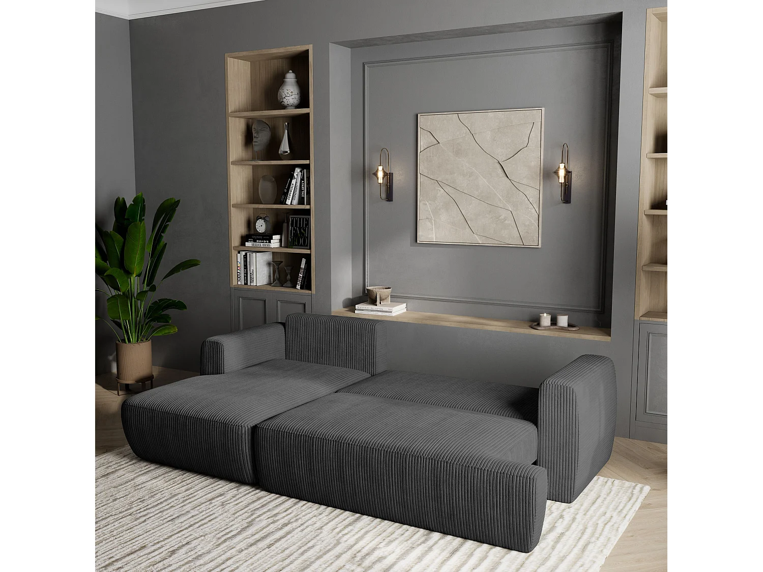 Canapé d'angle SENTI Gris anthracite en velours côtelé avec fonction de couchage