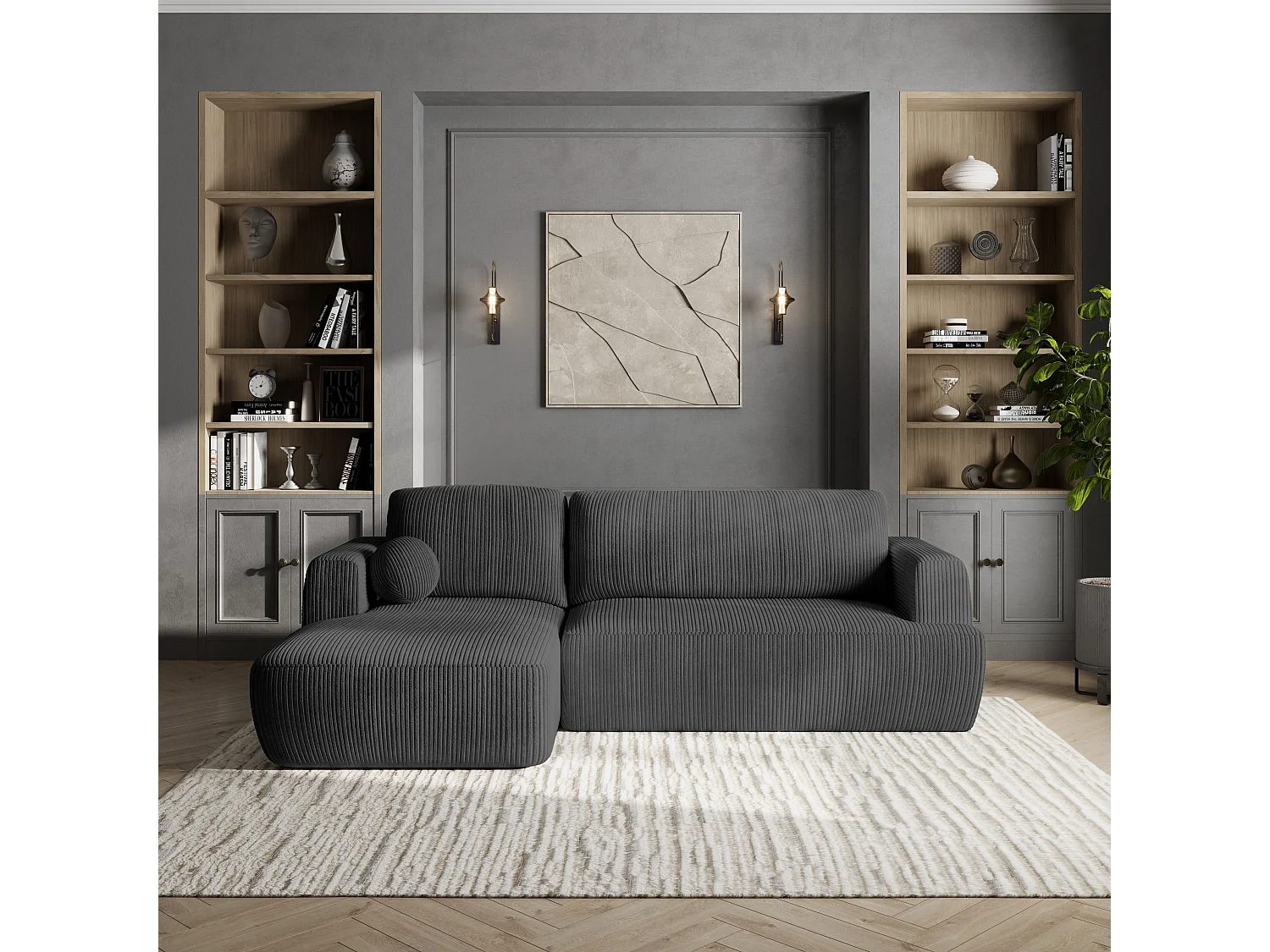 Canapé d'angle SENTI Gris anthracite en velours côtelé avec fonction de couchage