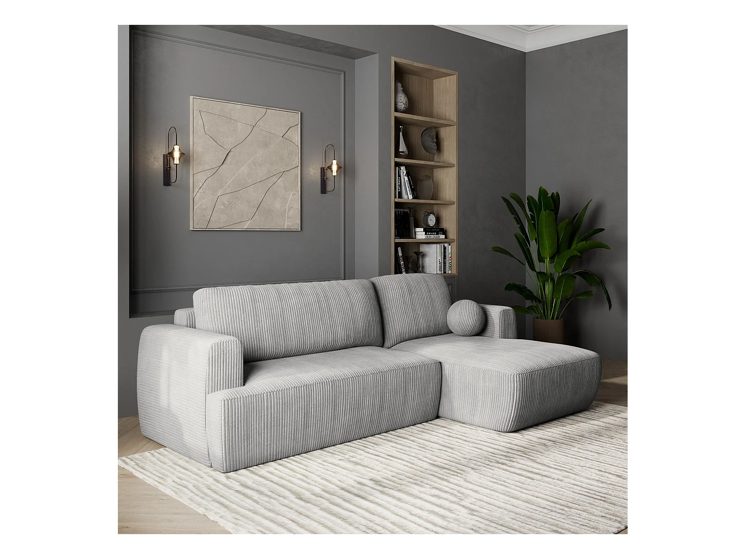 Canapé d'angle SENTI Gris clair en velours côtelé avec fonction de couchage