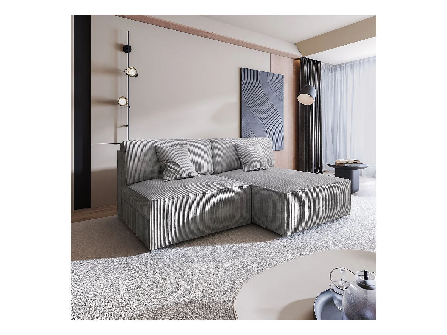 Canapé d'angle FIORO Gris clair en velours côtelé avec fonction de couchage