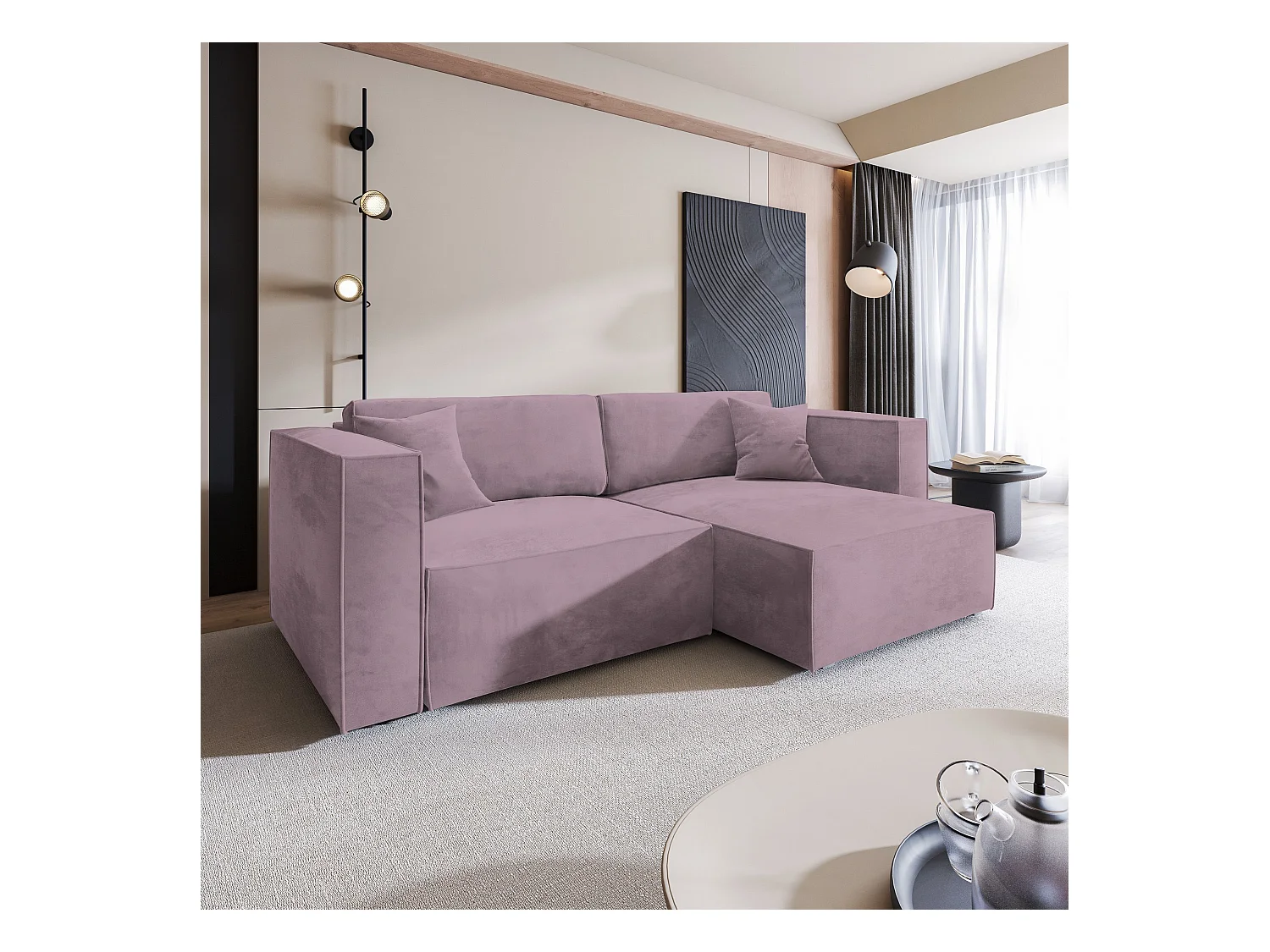 Canapé d'angle NERIO Parme en velours avec fonction de couchage