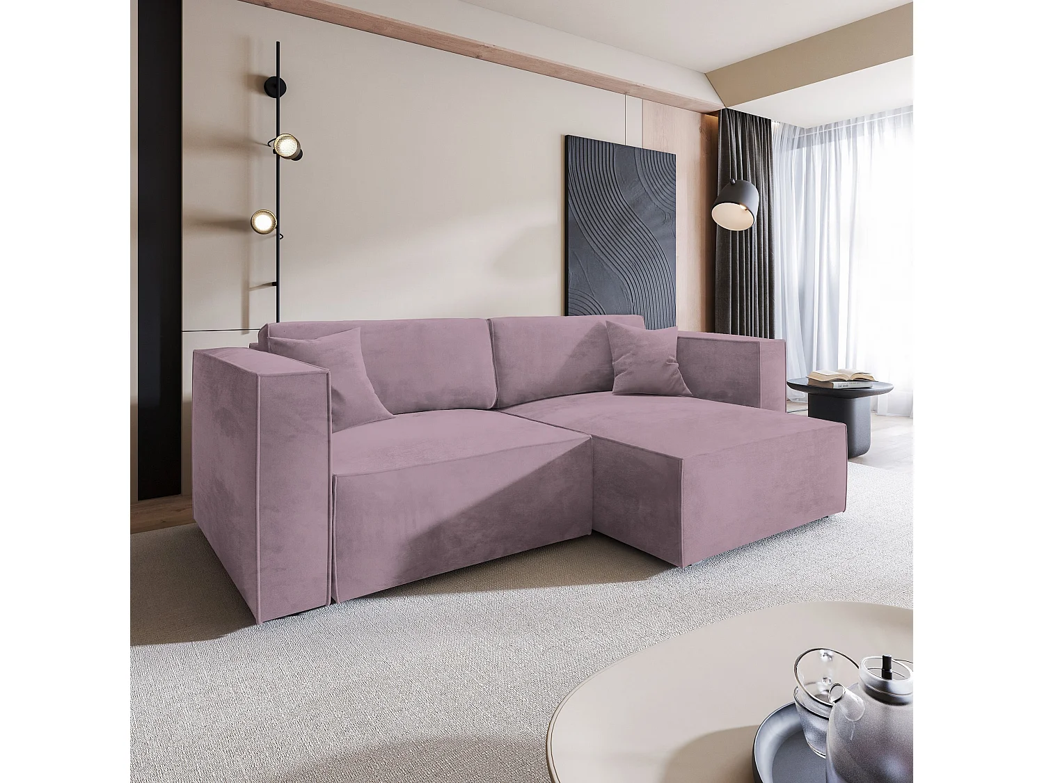 Canapé d'angle NERIO Parme en velours avec fonction de couchage