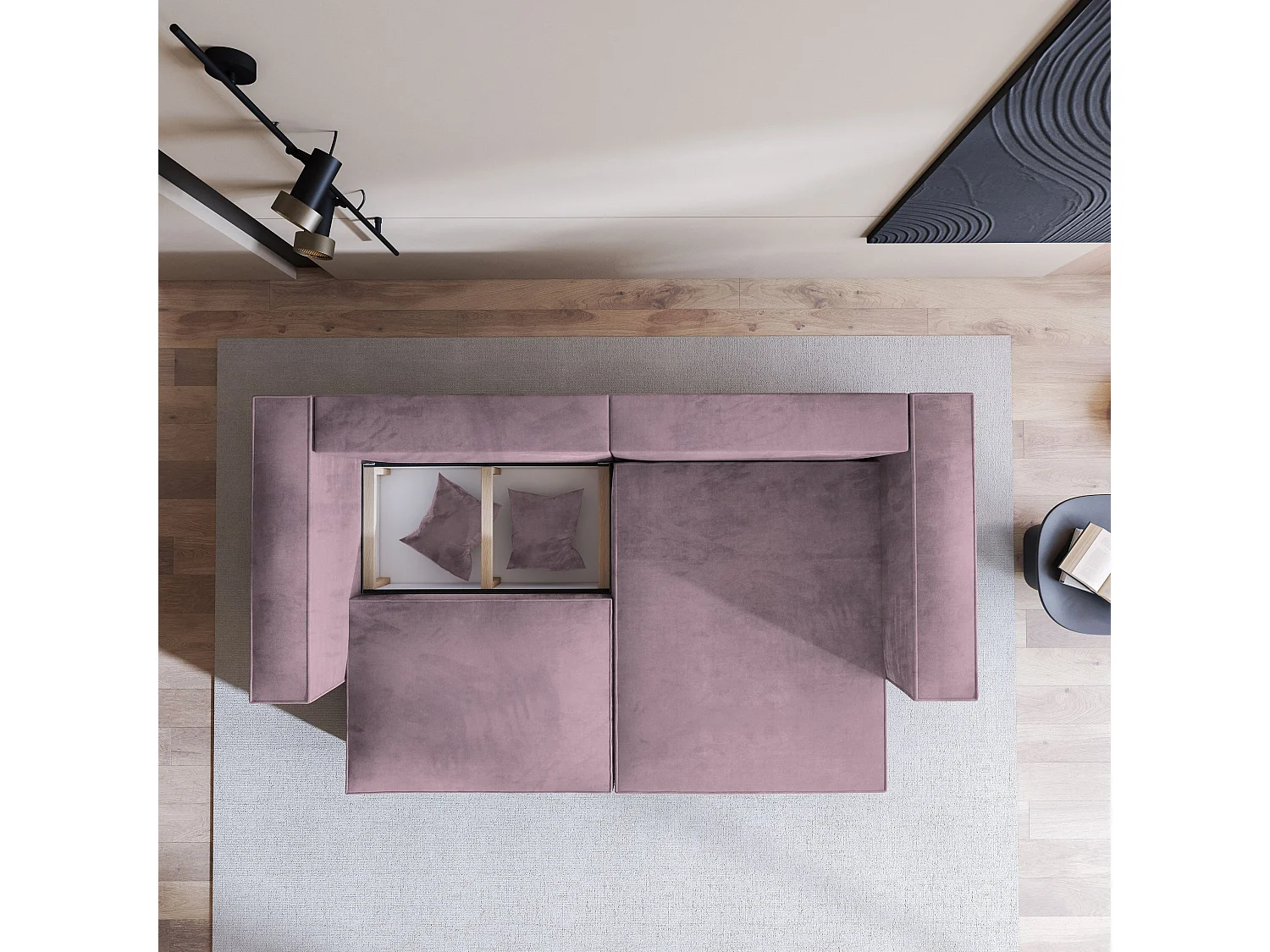 Canapé d'angle NERIO Parme en velours avec fonction de couchage