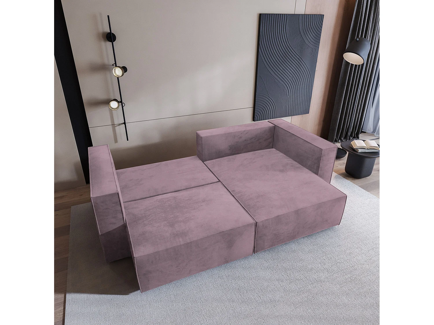 Canapé d'angle NERIO Parme en velours avec fonction de couchage