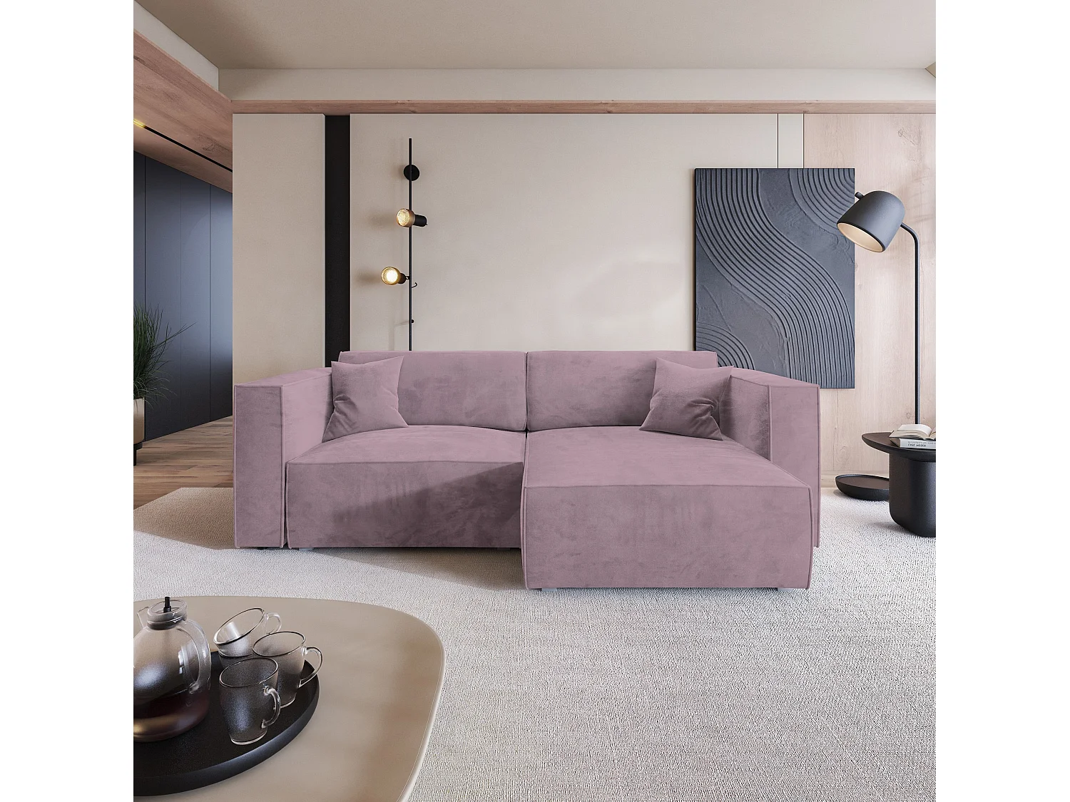 Canapé d'angle NERIO Parme en velours avec fonction de couchage