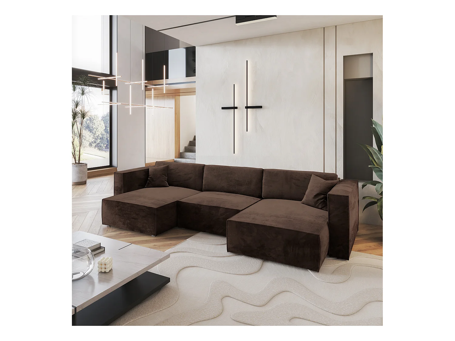 Canapé d'angle SARMO Marron en velours avec fonction de couchage