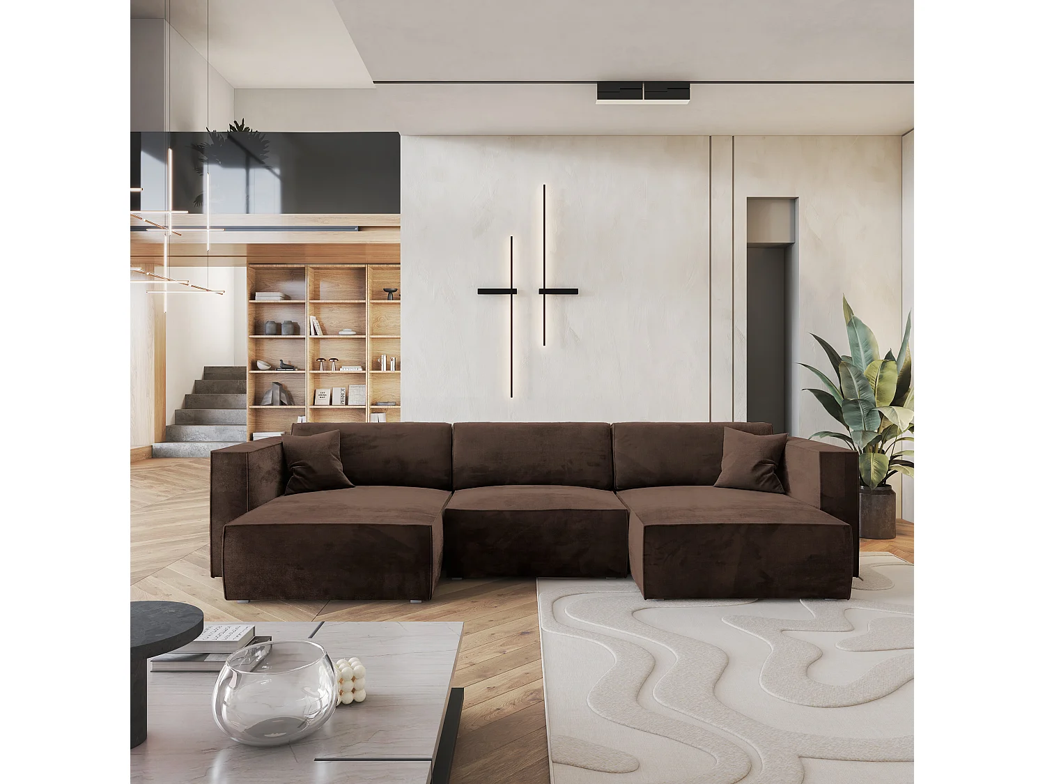 Canapé d'angle SARMO Marron en velours avec fonction de couchage