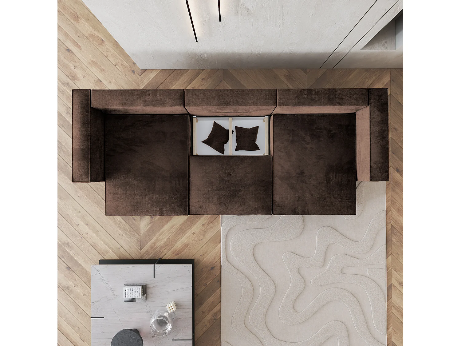 Hoekbank SARMO van fluweel met slaapfunctie Braun