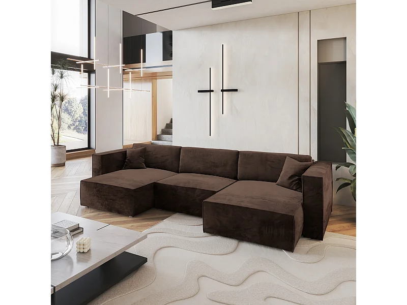 Canapé d'angle SARMO Marron en velours avec fonction de couchage