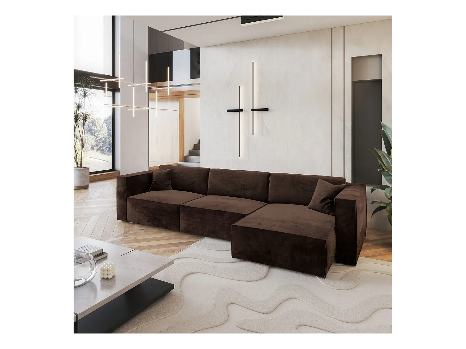 Canapé d'angle TOLMO Marron en velours avec fonction de couchage