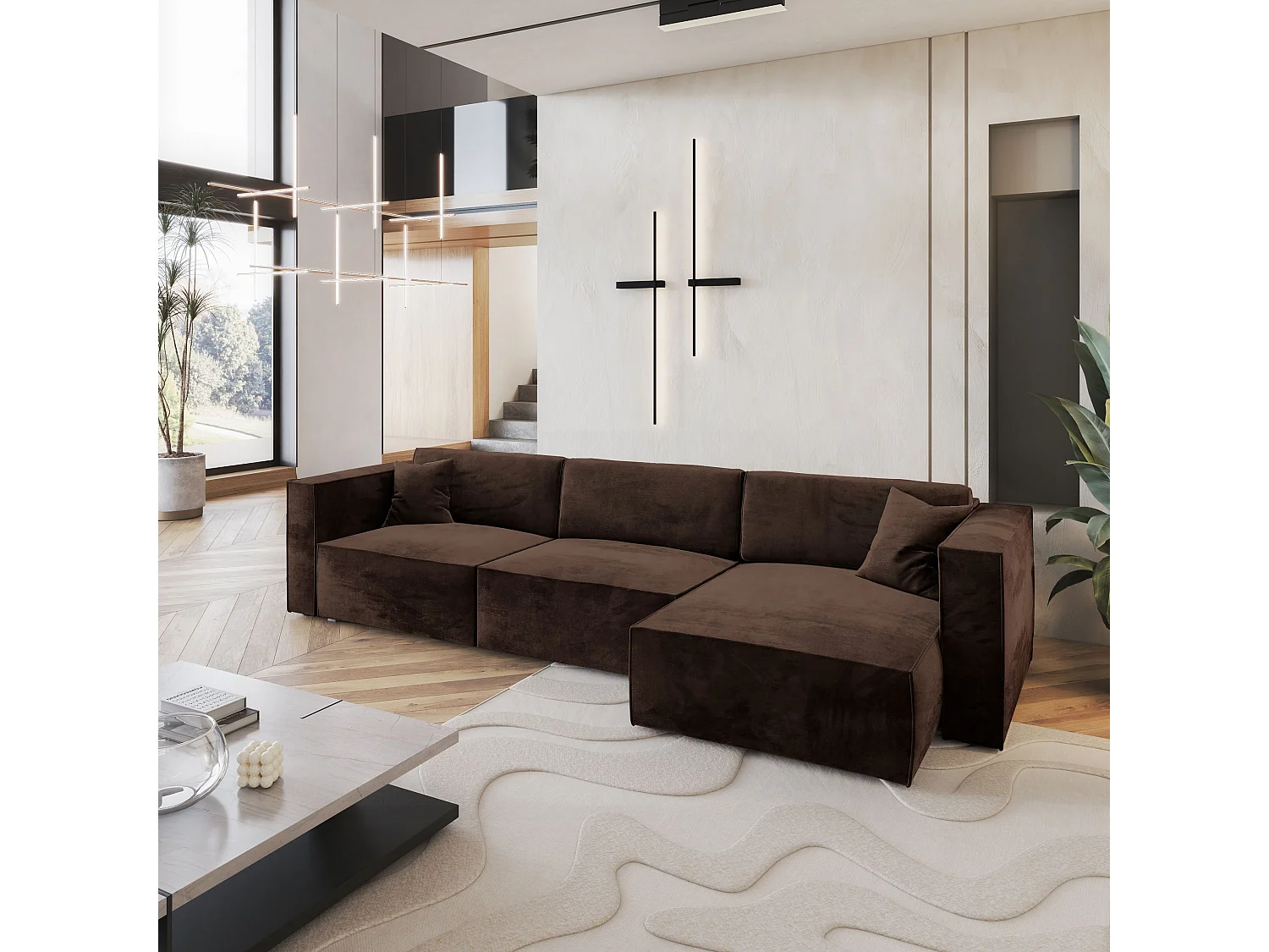 Canapé d'angle TOLMO Marron en velours avec fonction de couchage