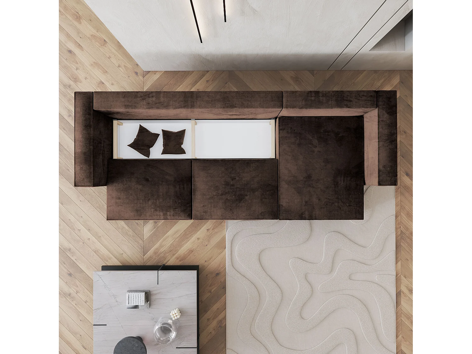 Canapé d'angle TOLMO Marron en velours avec fonction de couchage