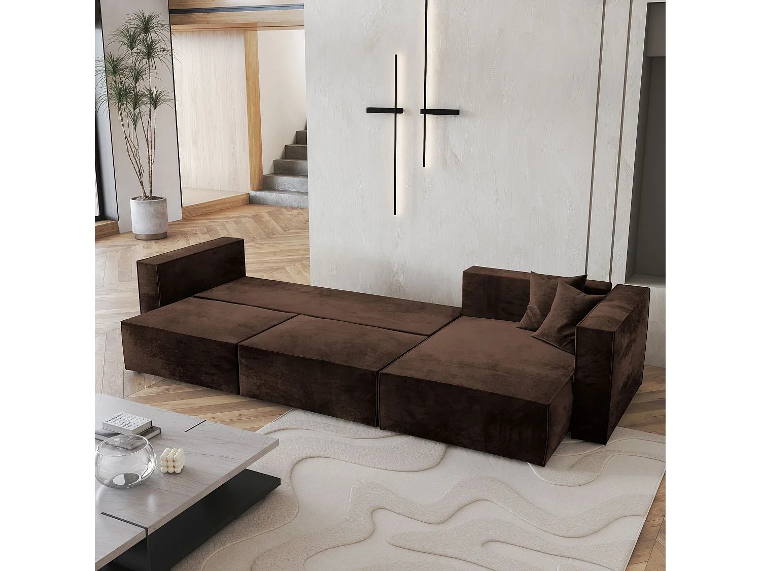 Canapé d'angle TOLMO Marron en velours avec fonction de couchage