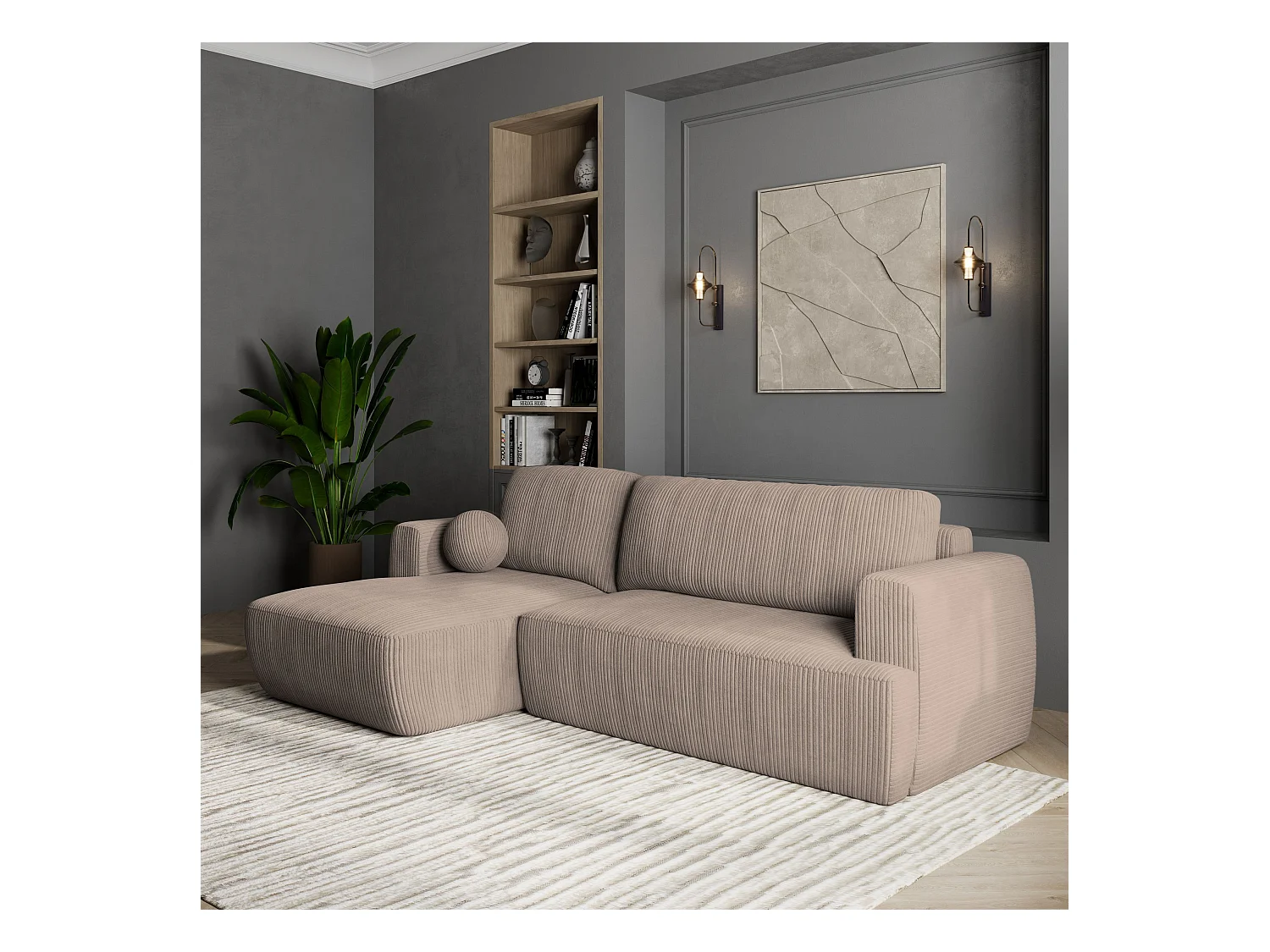 Canapé d'angle SENTI Beige en velours côtelé avec fonction de couchage