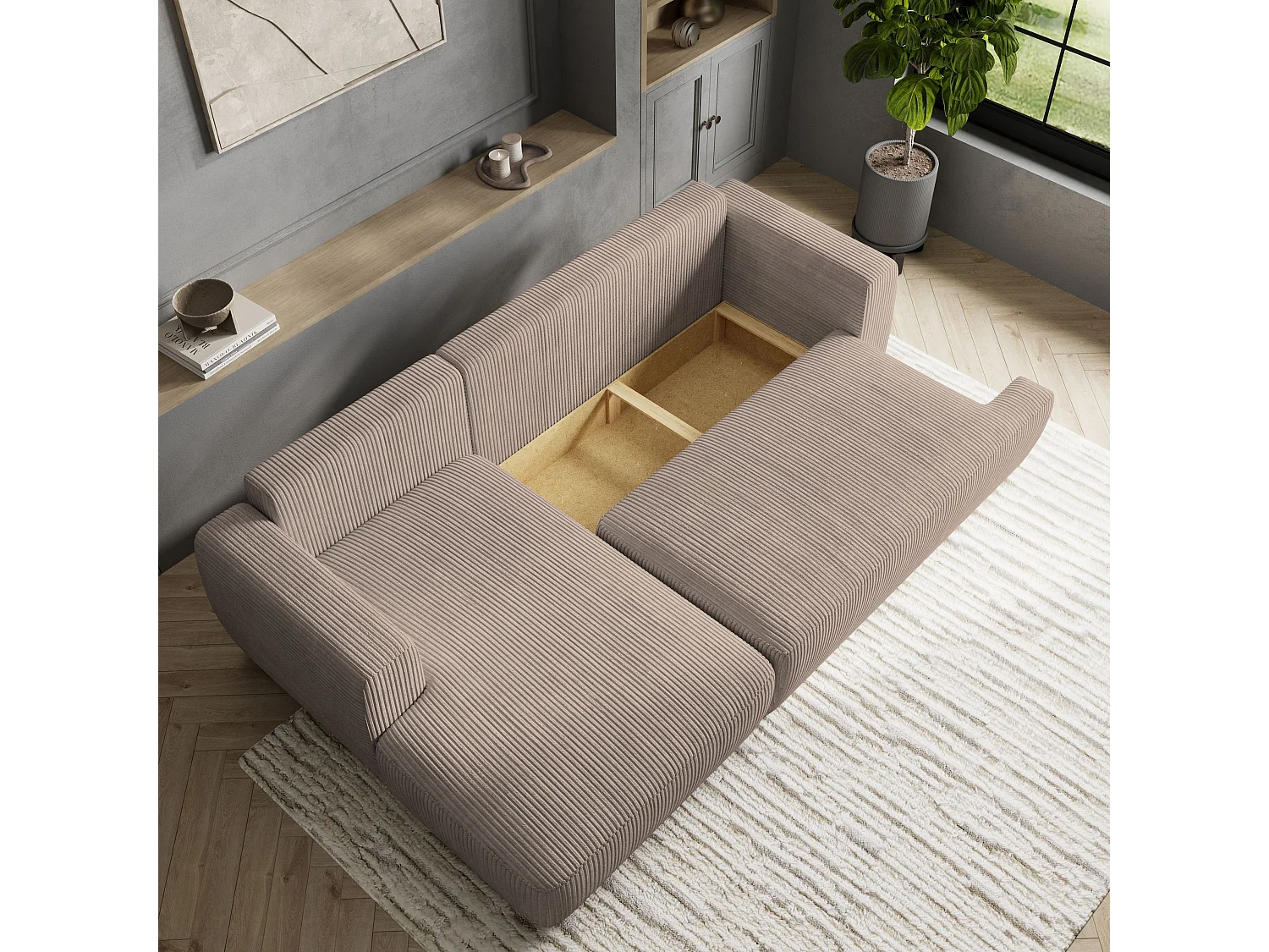 Canapé d'angle SENTI Beige en velours côtelé avec fonction de couchage