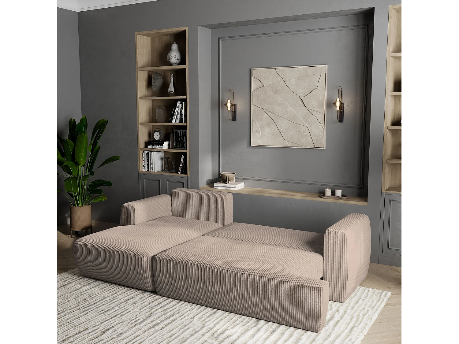 Canapé d'angle SENTI Beige en velours côtelé avec fonction de couchage