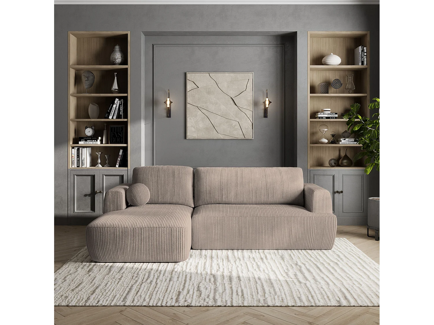 Canapé d'angle SENTI Beige en velours côtelé avec fonction de couchage