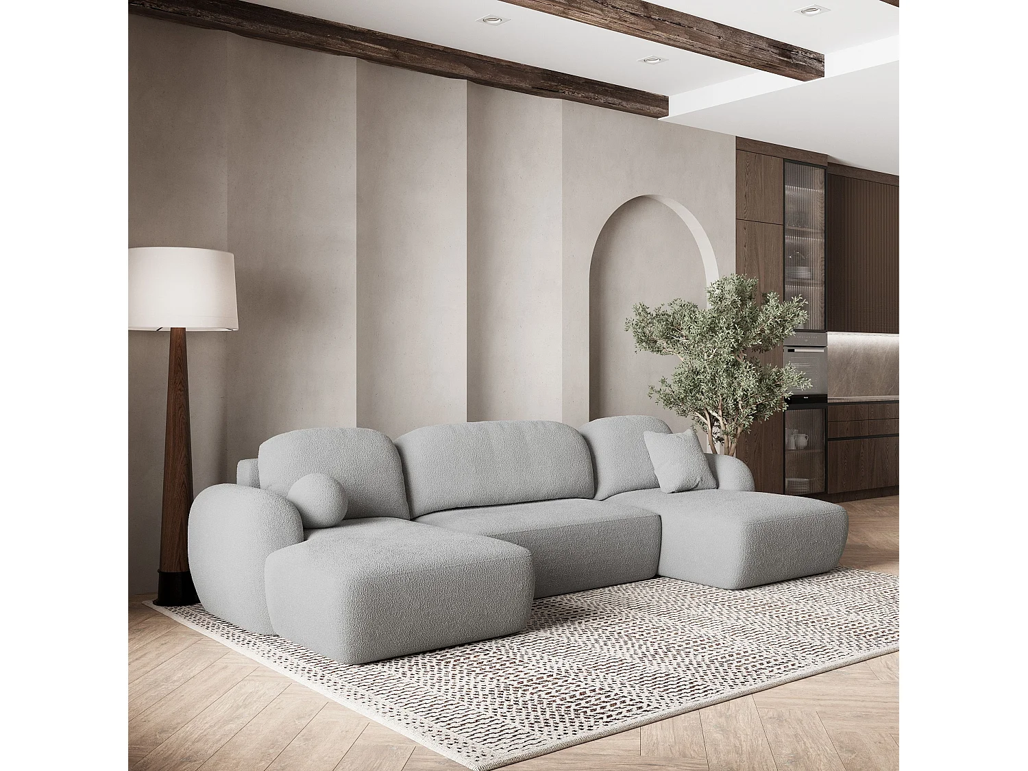 Canapé d'angle SAVONA Gris clair en bouclé avec fonction de couchage