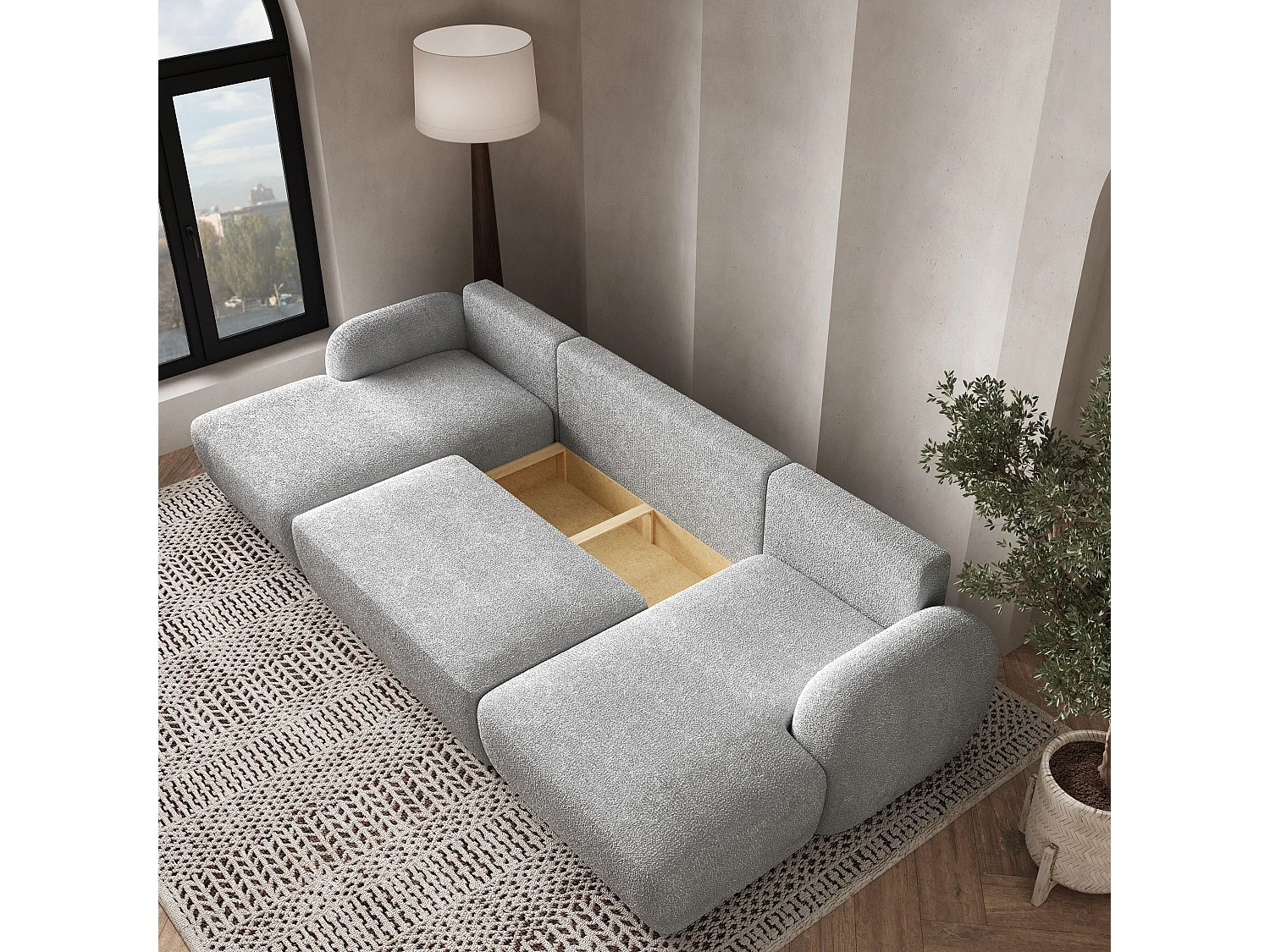 Canapé d'angle SAVONA Gris clair en bouclé avec fonction de couchage