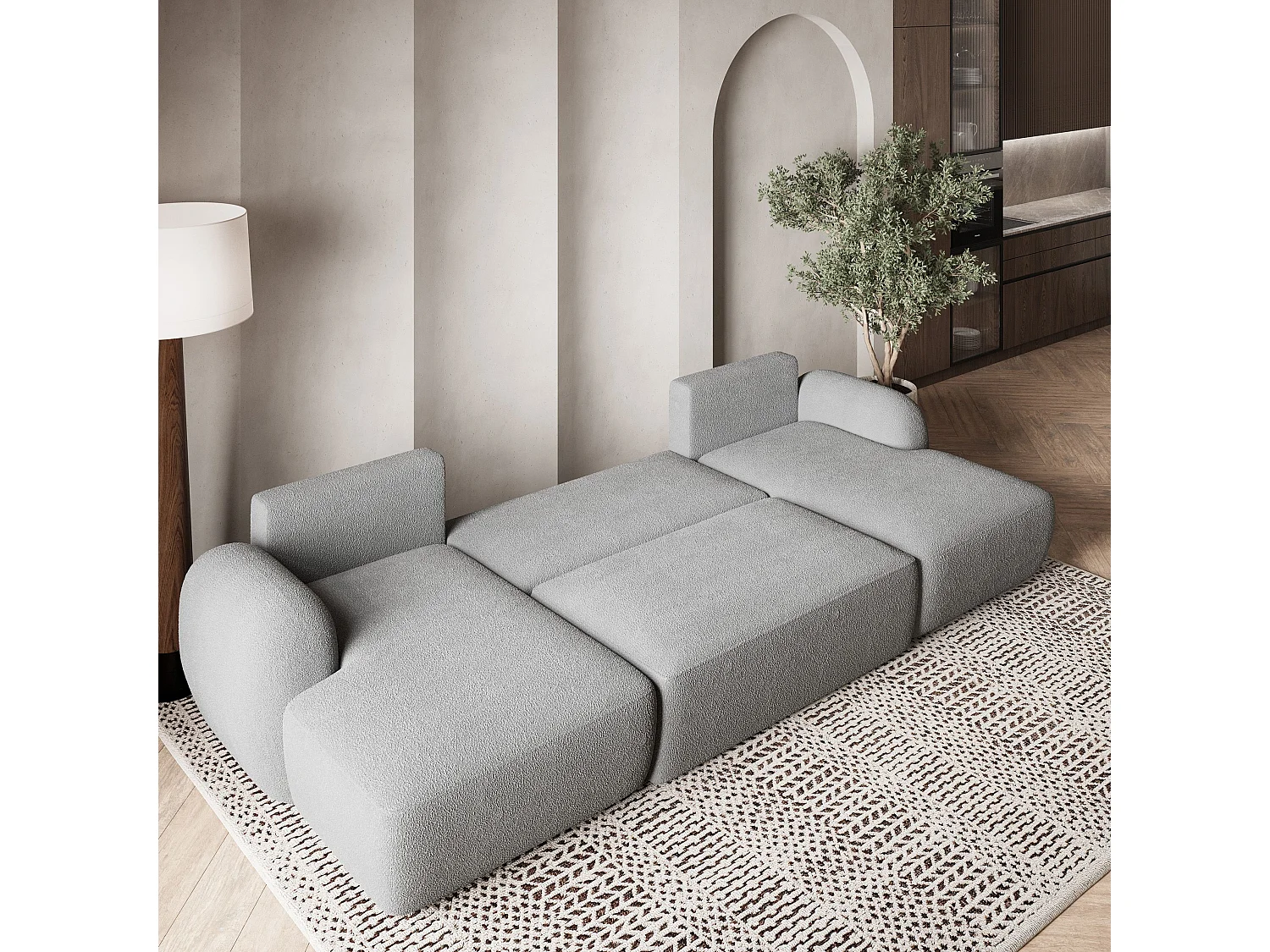 Canapé d'angle SAVONA Gris clair en bouclé avec fonction de couchage