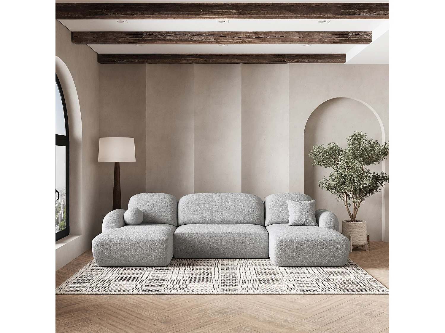 Canapé d'angle SAVONA Gris clair en bouclé avec fonction de couchage