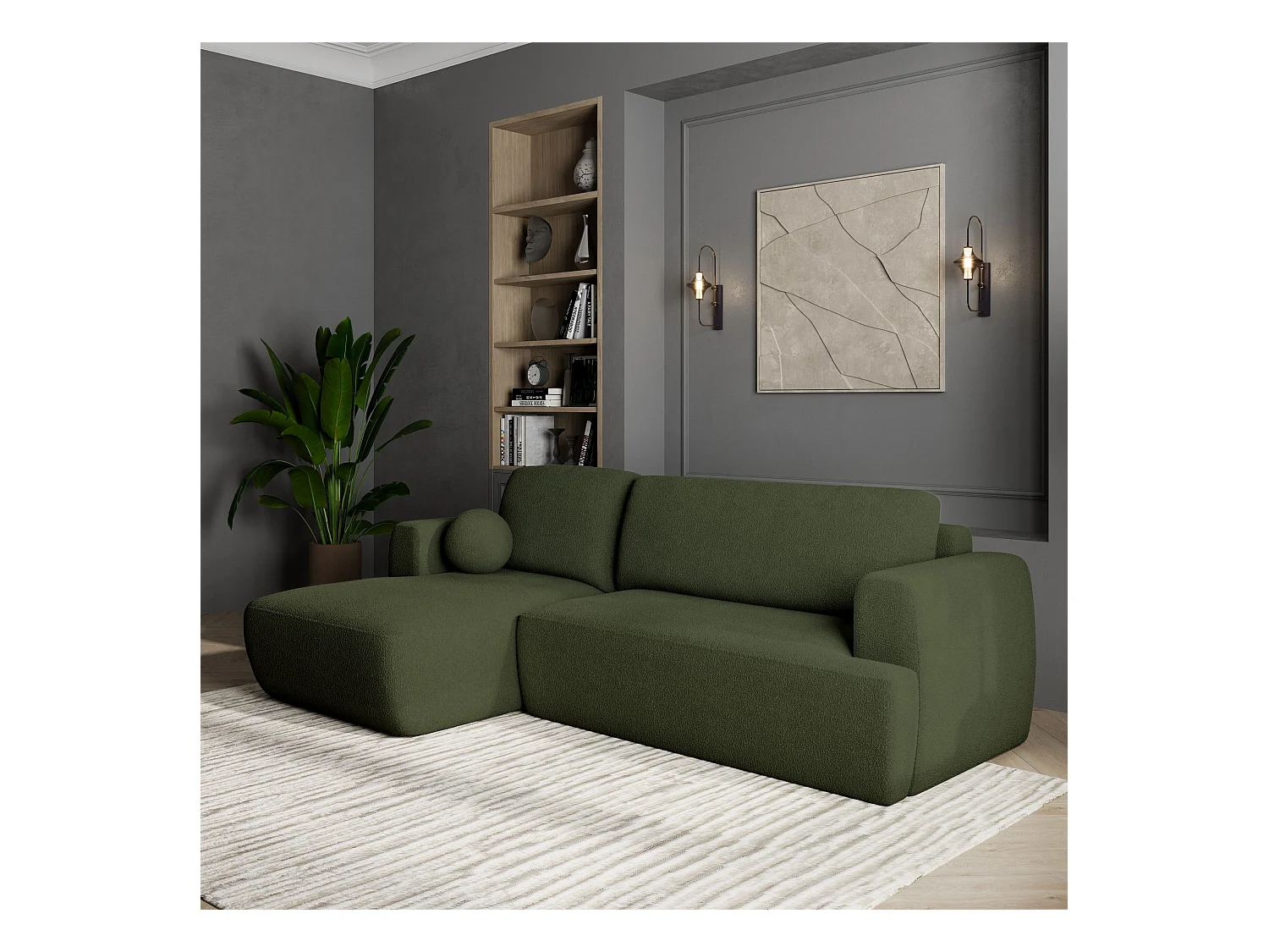 Canapé d'angle SENTI Vert en bouclé avec fonction de couchage