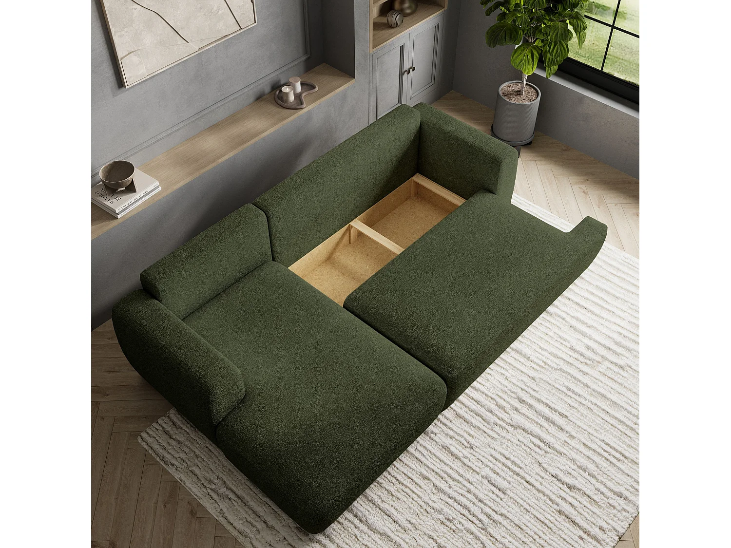 Canapé d'angle SENTI Vert en bouclé avec fonction de couchage