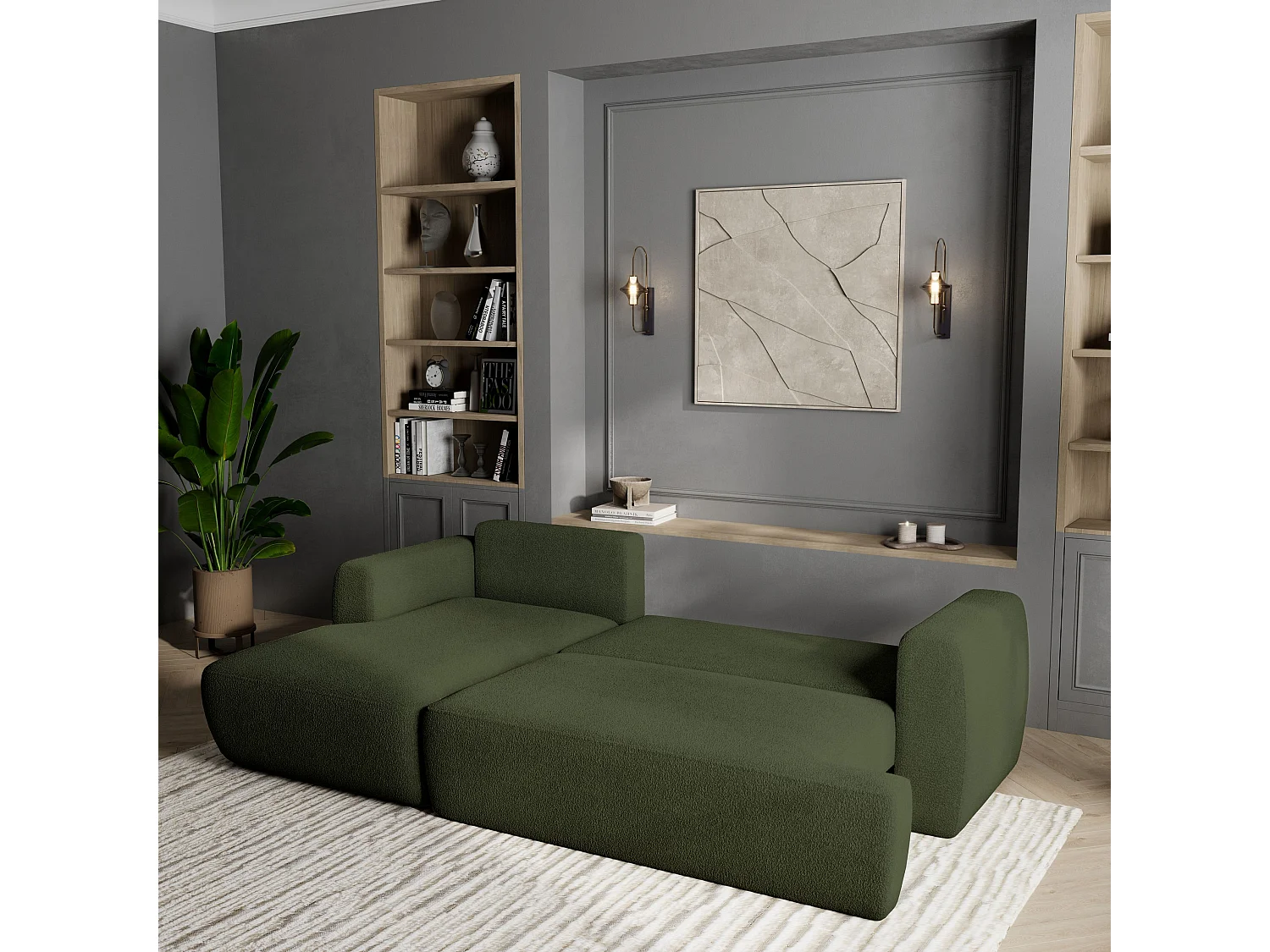 Canapé d'angle SENTI Vert en bouclé avec fonction de couchage