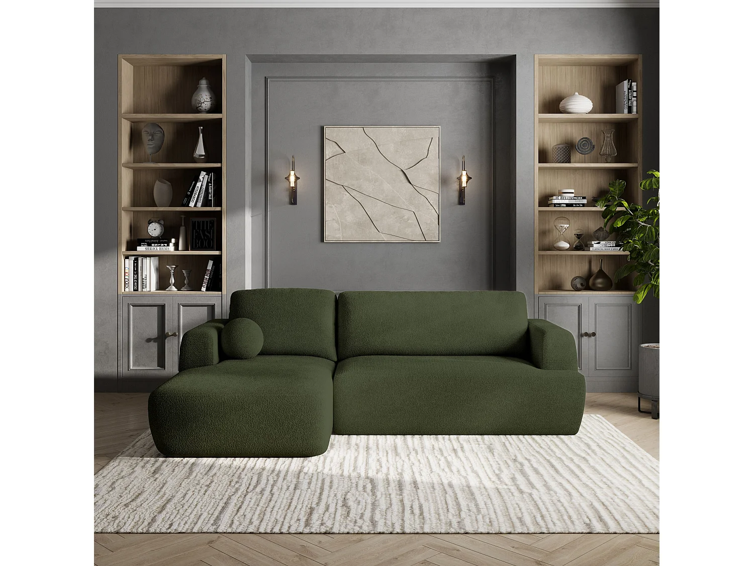 Canapé d'angle SENTI Vert en bouclé avec fonction de couchage