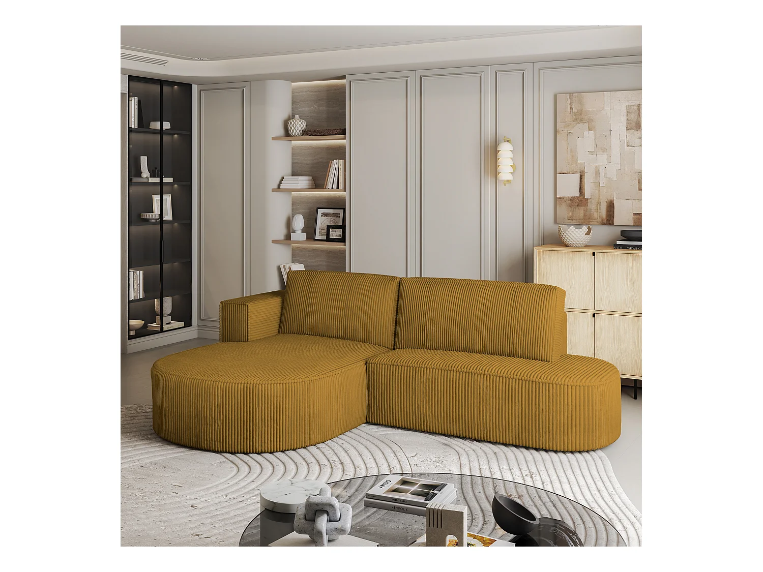 Canapé d'angle CORTIO Jaune en velours côtelé avec fonction de couchage