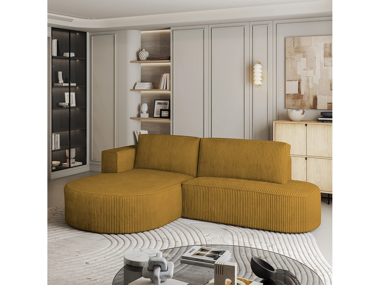 Canapé d'angle CORTIO Jaune en velours côtelé avec fonction de couchage