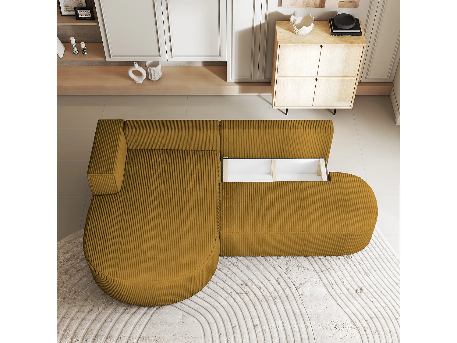 Canapé d'angle CORTIO Jaune en velours côtelé avec fonction de couchage