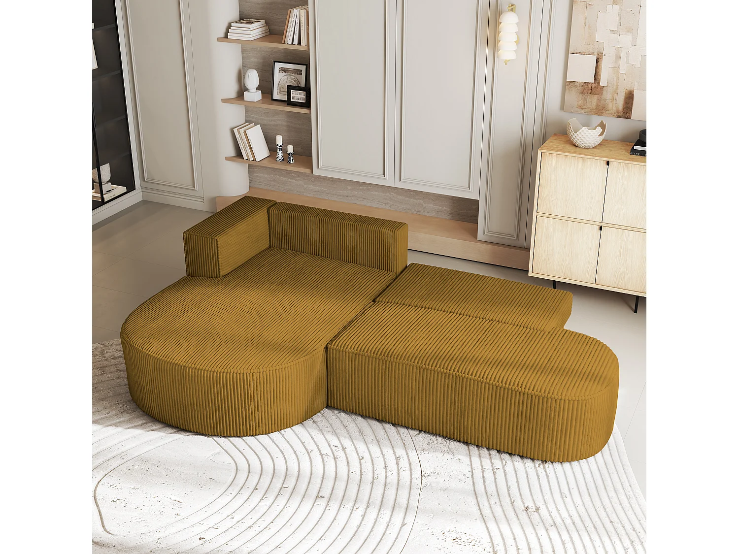 Canapé d'angle CORTIO Jaune en velours côtelé avec fonction de couchage