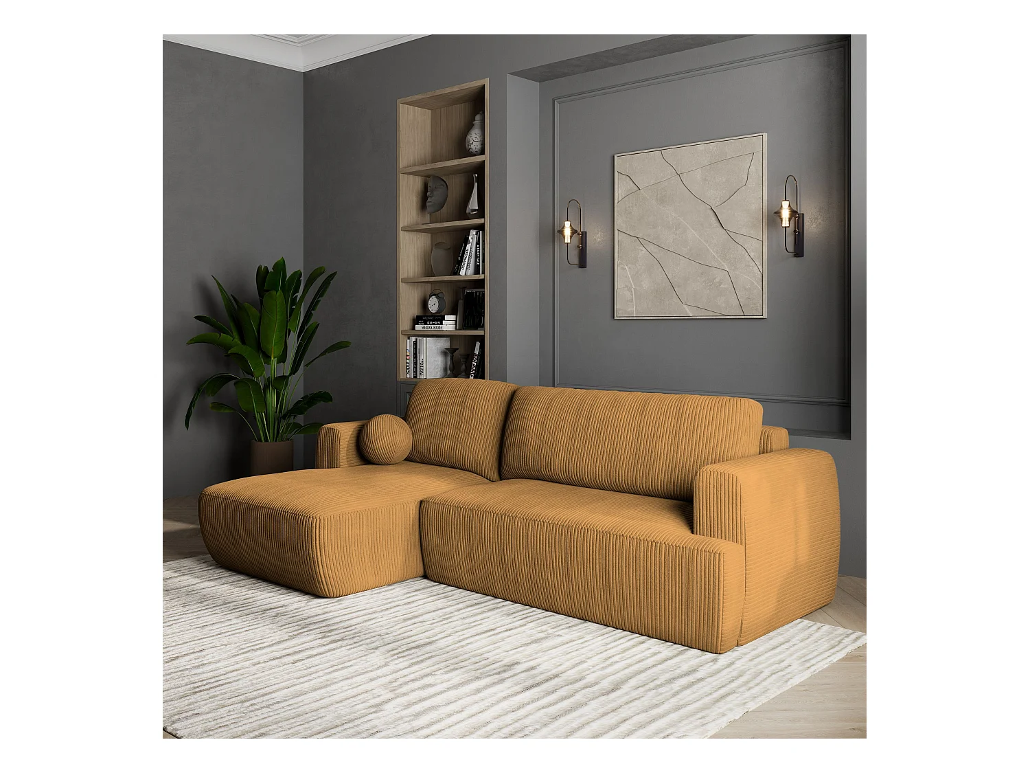 Canapé d'angle SENTI Jaune en velours côtelé avec fonction de couchage