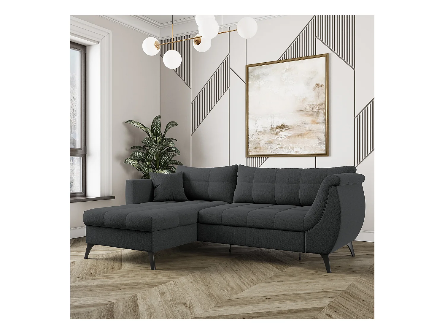 Canapé d'angle MOLLIS Gris anthracite en tissu texturé avec fonction de couchage