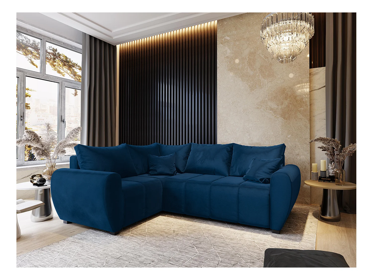 Canapé d'angle MADISON Bleu en peluche avec fonction de couchage