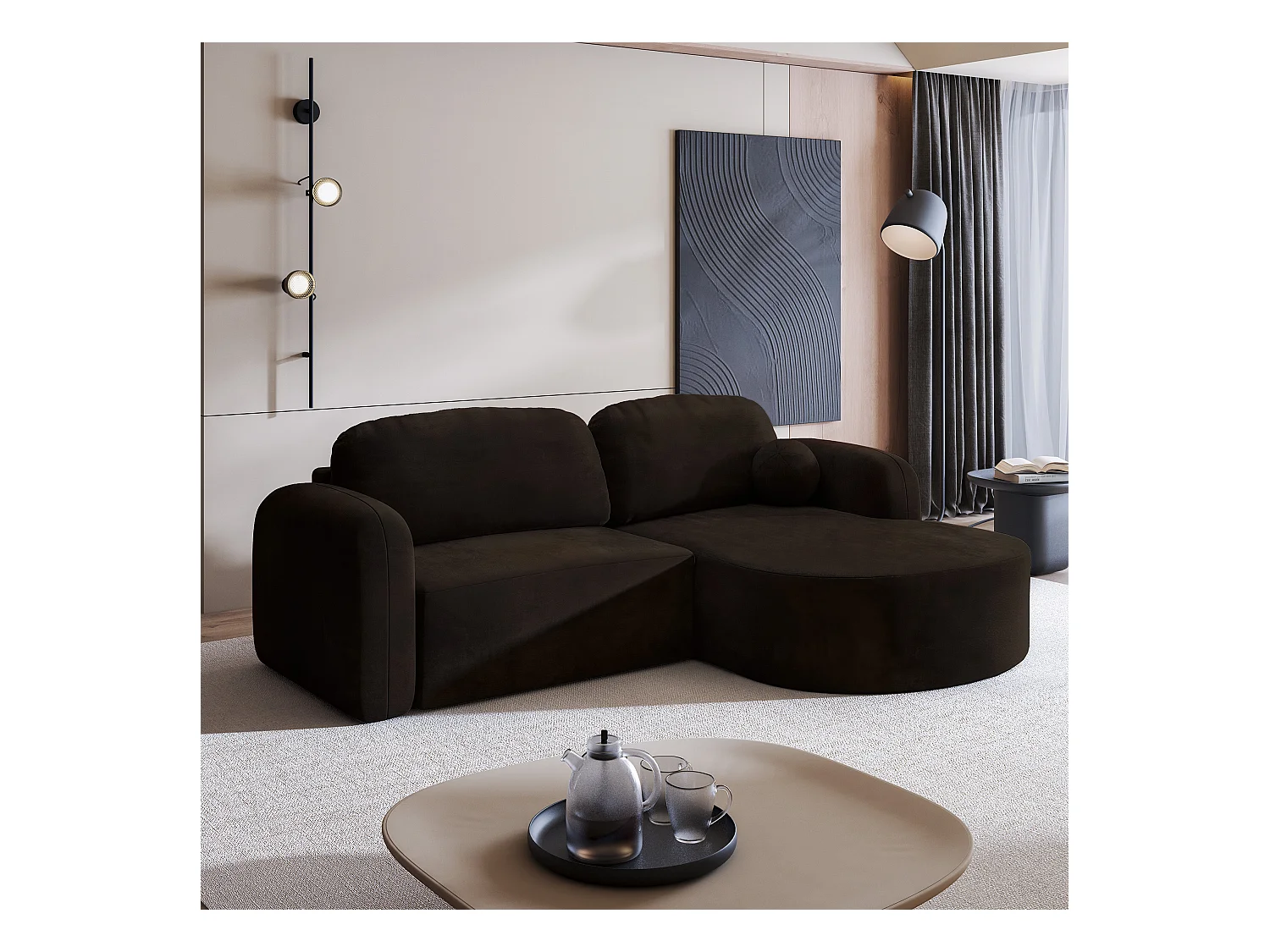 Canapé d'angle AMILIA Marron en velours avec fonction de couchage