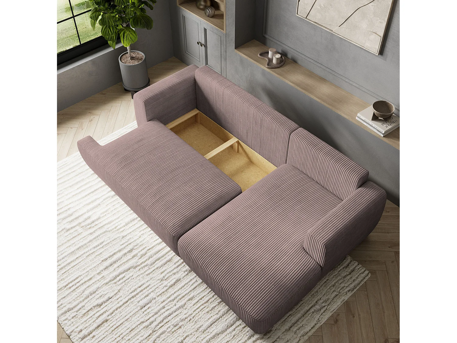 Canapé d'angle SENTI Parme en velours côtelé avec fonction de couchage