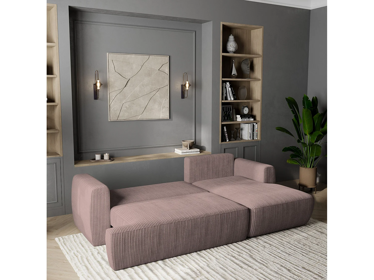 Canapé d'angle SENTI Parme en velours côtelé avec fonction de couchage