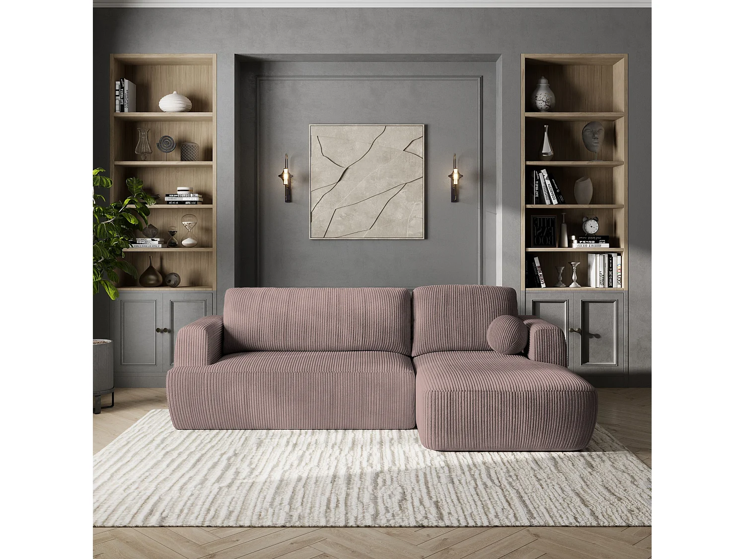 Canapé d'angle SENTI Parme en velours côtelé avec fonction de couchage