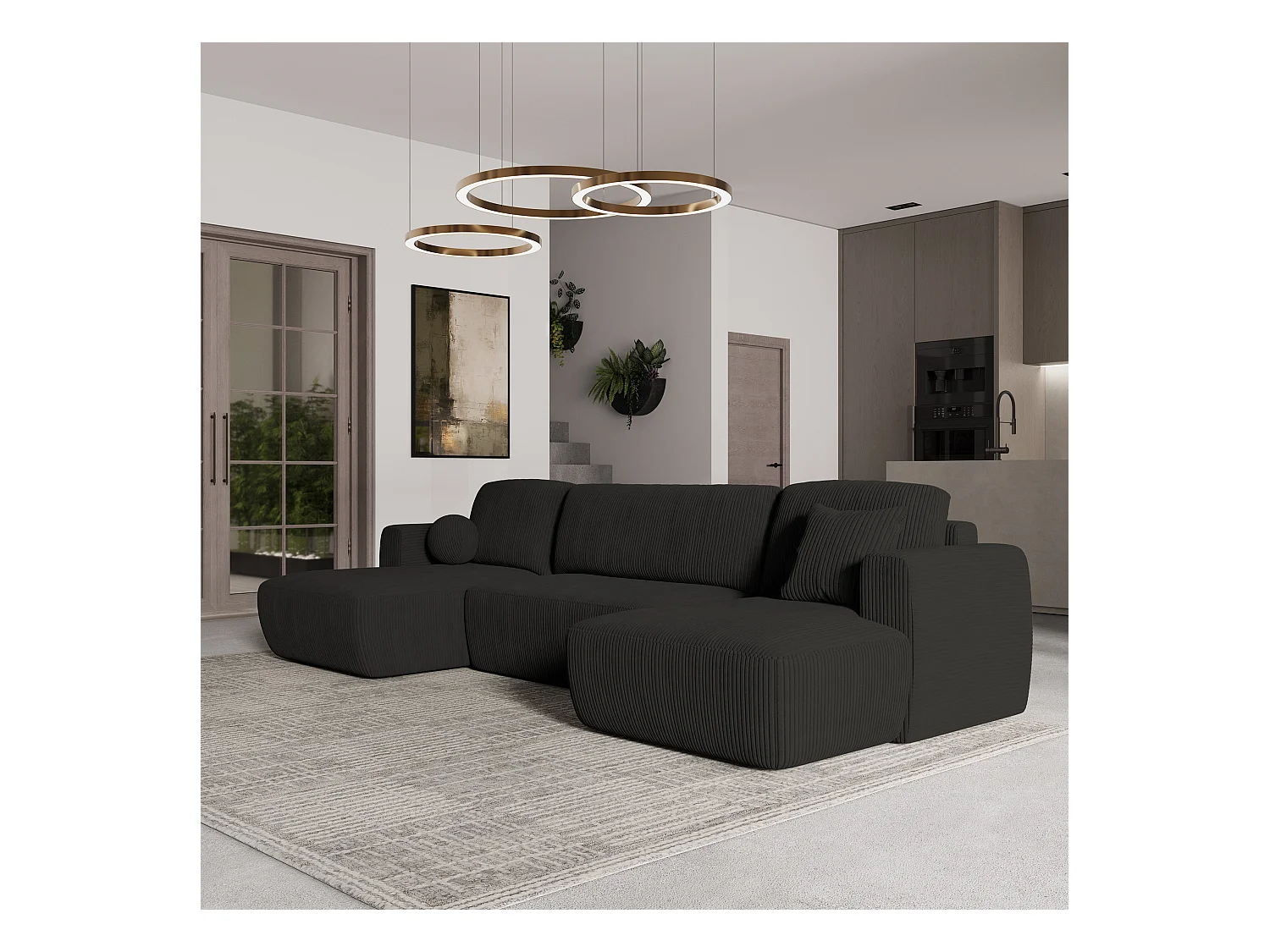 Canapé d'angle SENTUM Noir en velours côtelé avec fonction de couchage