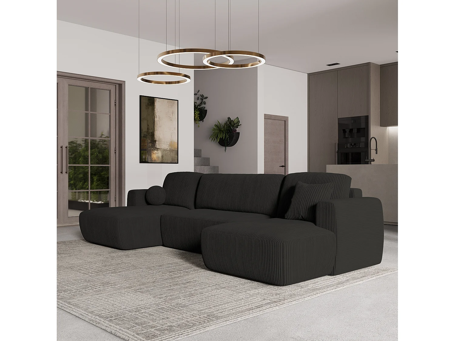 Canapé d'angle SENTUM Noir en velours côtelé avec fonction de couchage