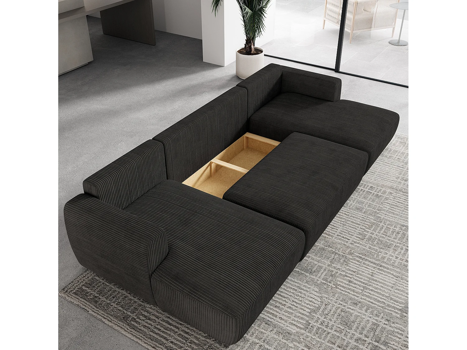 Canapé d'angle SENTUM Noir en velours côtelé avec fonction de couchage