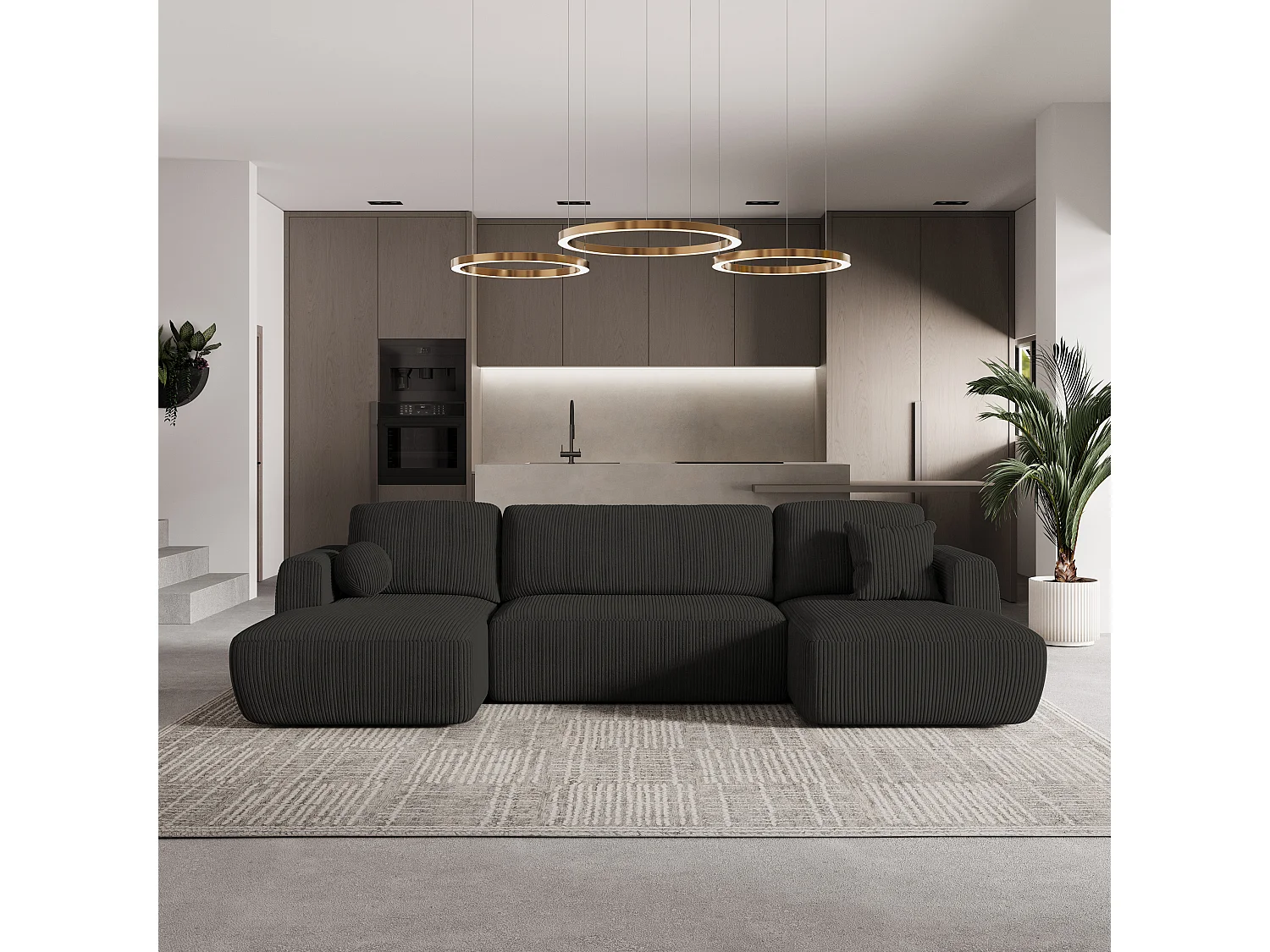 Canapé d'angle SENTUM Noir en velours côtelé avec fonction de couchage