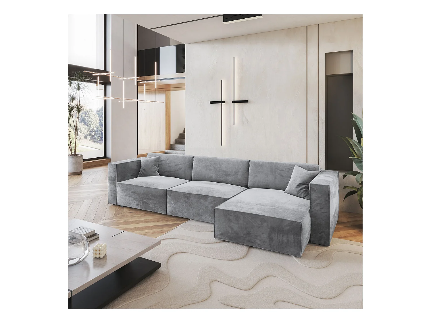 Canapé d'angle TOLMO Gris clair en velours avec fonction de couchage