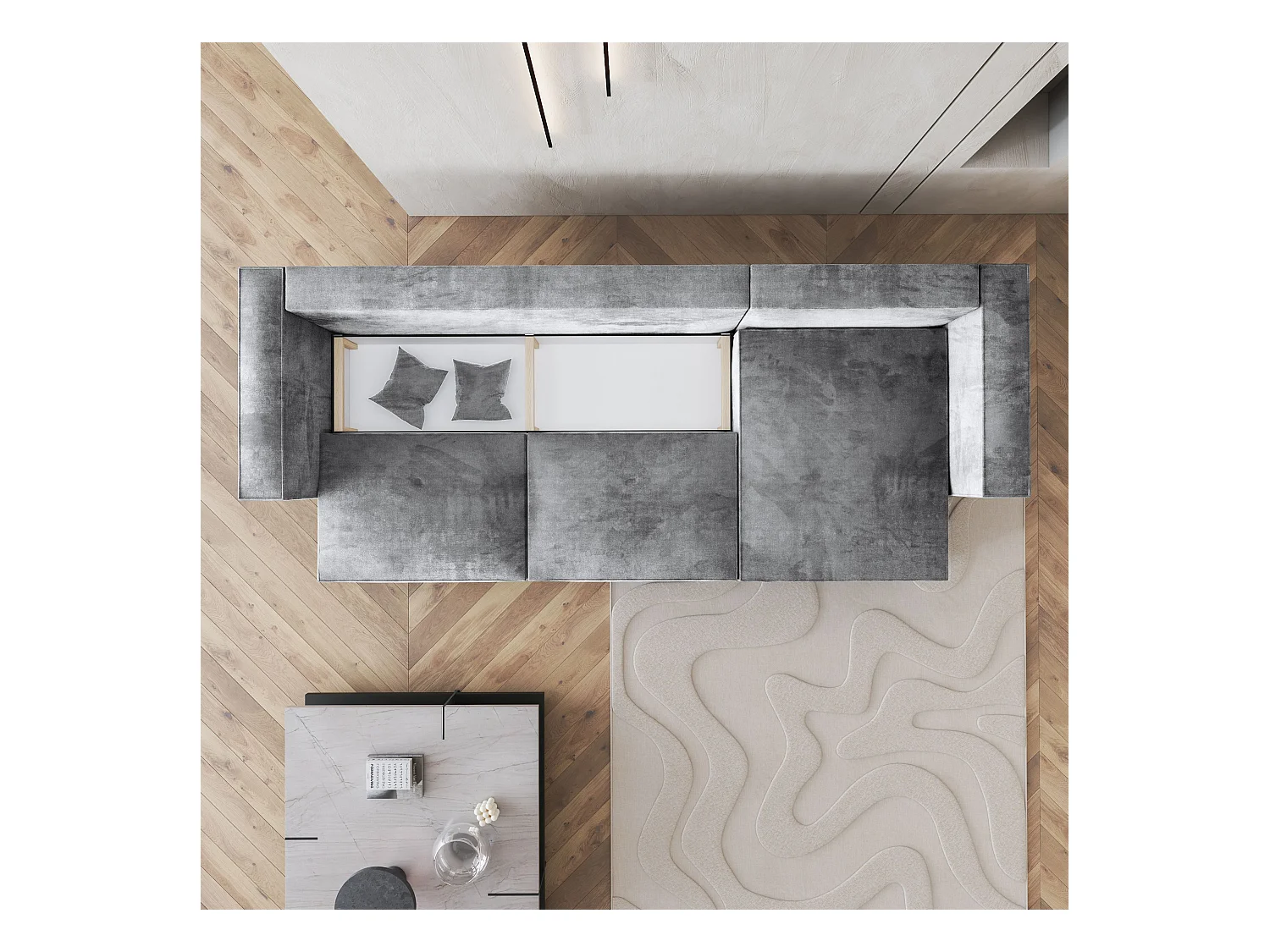 Canapé d'angle TOLMO Gris clair en velours avec fonction de couchage