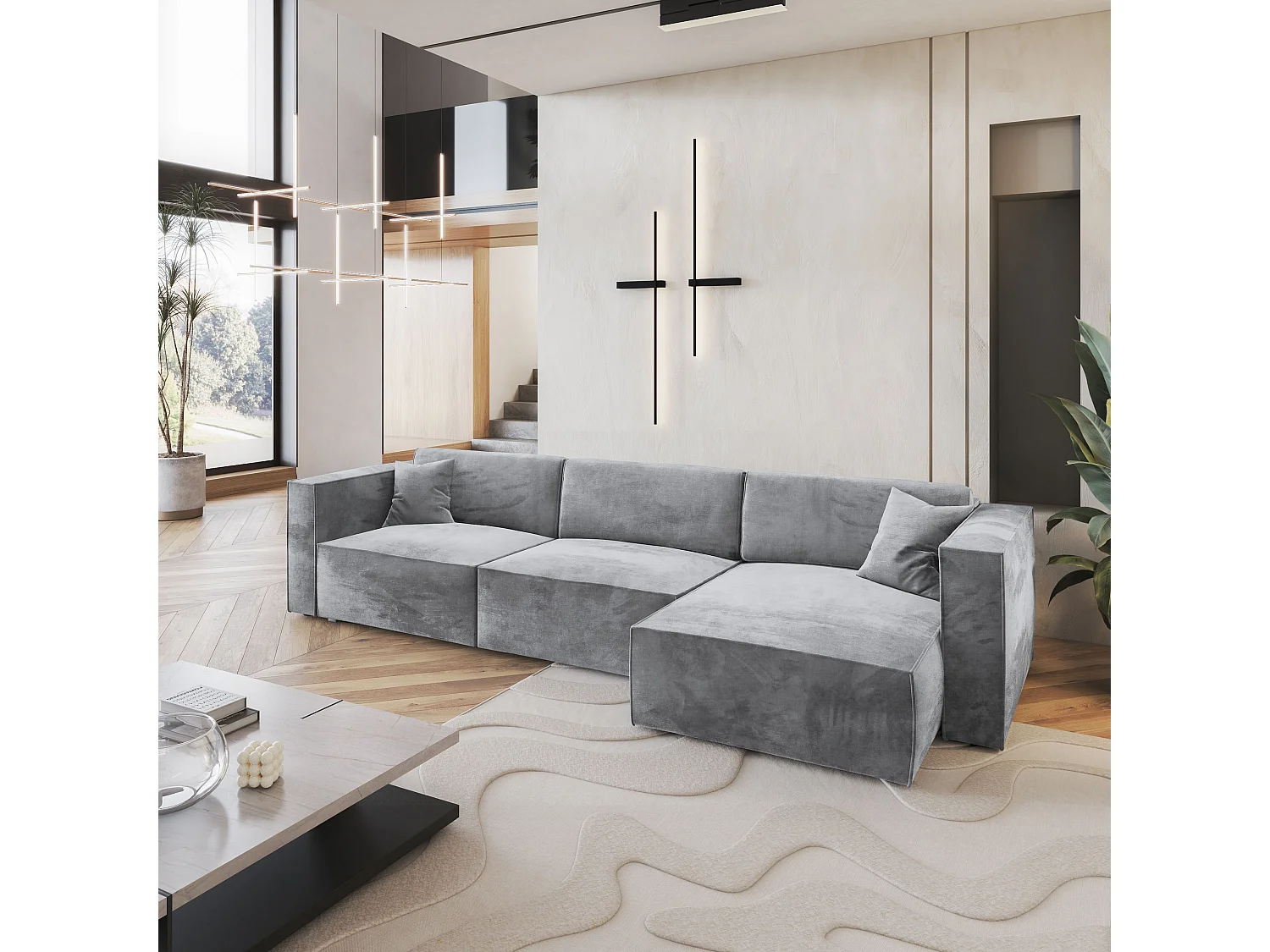 Canapé d'angle TOLMO Gris clair en velours avec fonction de couchage