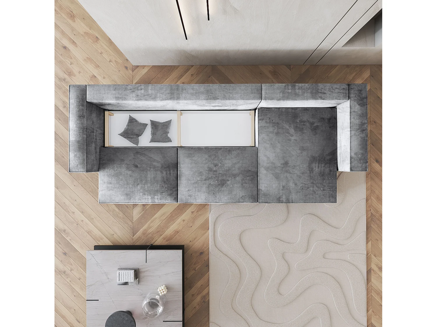 Canapé d'angle TOLMO Gris clair en velours avec fonction de couchage