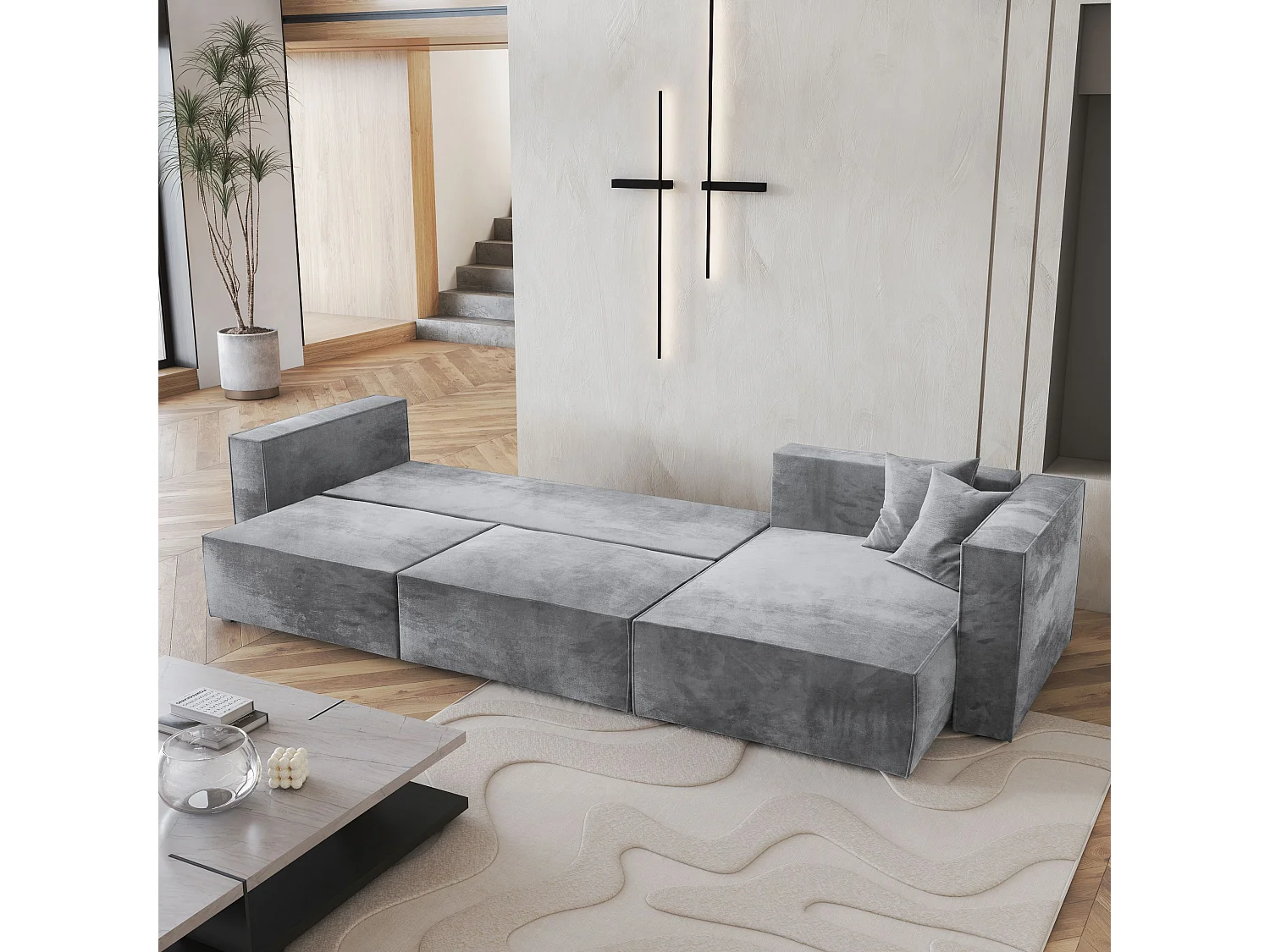 Canapé d'angle TOLMO Gris clair en velours avec fonction de couchage