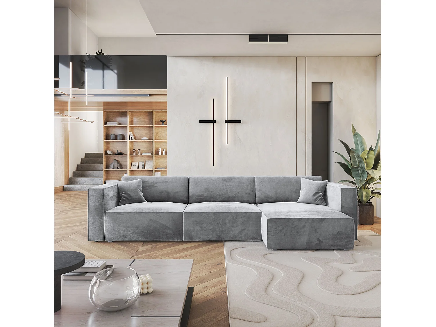 Canapé d'angle TOLMO Gris clair en velours avec fonction de couchage